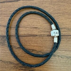Pandora Black Braided Leather Double Wrap Bracelet with Silver Clasp